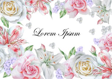 Suluboya çiçekli davetiye. Rose. Lily. Alstroemeria,