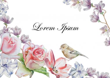 Suluboya çiçek ve kuş davetiyeli. Suluboya resim.