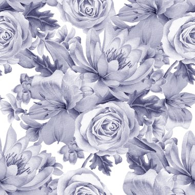 Çiçekler ile Seamless modeli. Rose. Lily. Alstroemeria, suluboya resim.