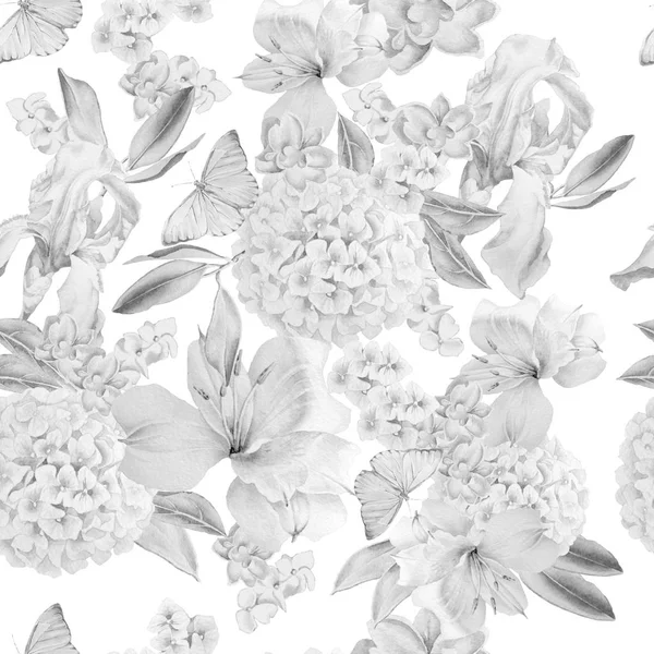 Monochrome seamless pattern with flowers. Iris. Alstroemeria. Hydrangea. Butterflies. Watercolor illustration. — Stock Photo, Image