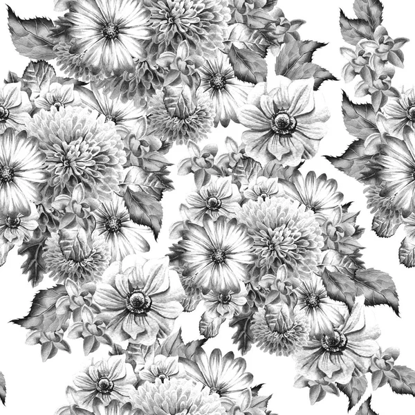 Monochrome seamless pattern with flowers. Peony. Anemone .Watercolor illustration. — Stock Photo, Image