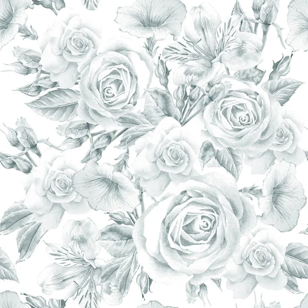 Monochrome seamless pattern with flowers. Rose. Alstroemeria. Watercolor illustration. — Stock Photo, Image