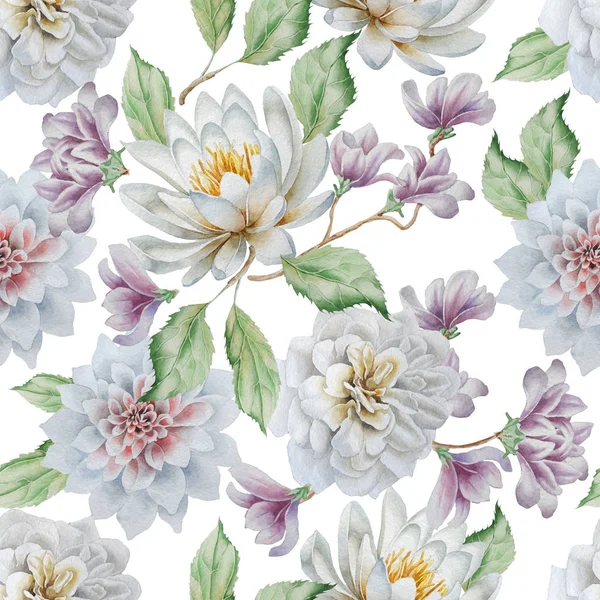 Seamless pattern with flowers. Lily. Rose. Watercolor. — Stock Photo, Image