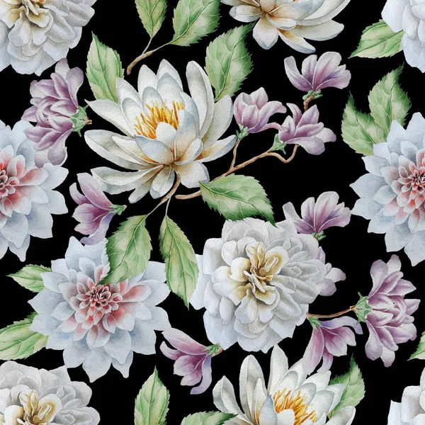 Seamless pattern with flowers. Lily. Rose. Watercolor. — Stock Photo, Image