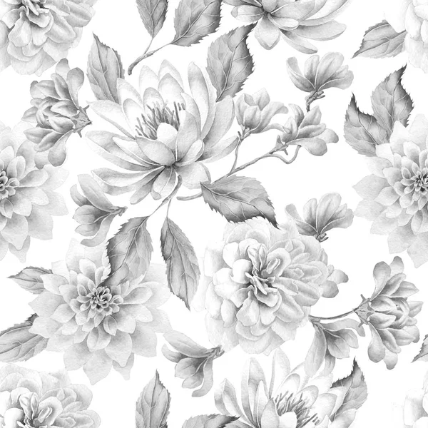 Monochrome seamless pattern with flowers. Lily. Rose. Watercolor. — Stock Photo, Image