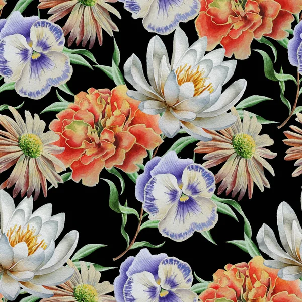 Nahtloses Muster mit Blumen. Lilie. Ringelblume. Stiefmütterchen. Aquarellillustration. — Stockfoto