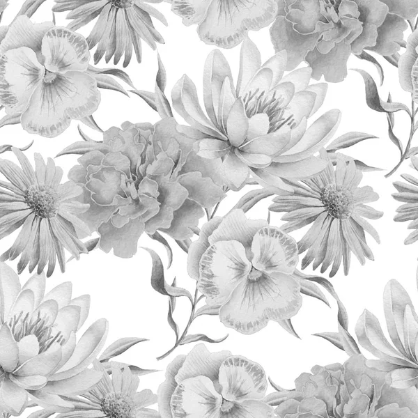Padrão sem costura monocromático com flores. Lily... Marigold. Pansies. Ilustração aquarela . — Fotografia de Stock