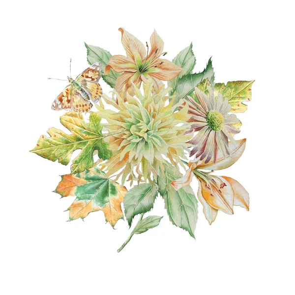 Bouquet acquerello con fiori e farfalle. Illustrazione ad acquerello . — Foto Stock