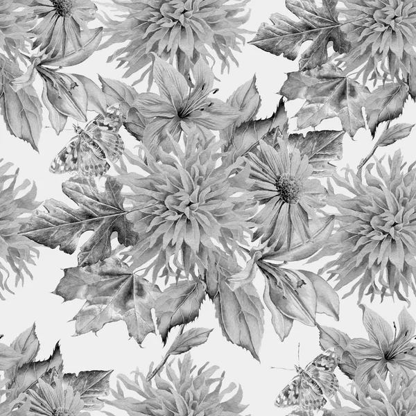 Monochrome seamless pattern with flowers. Watercolor illustration. — Stock Photo, Image