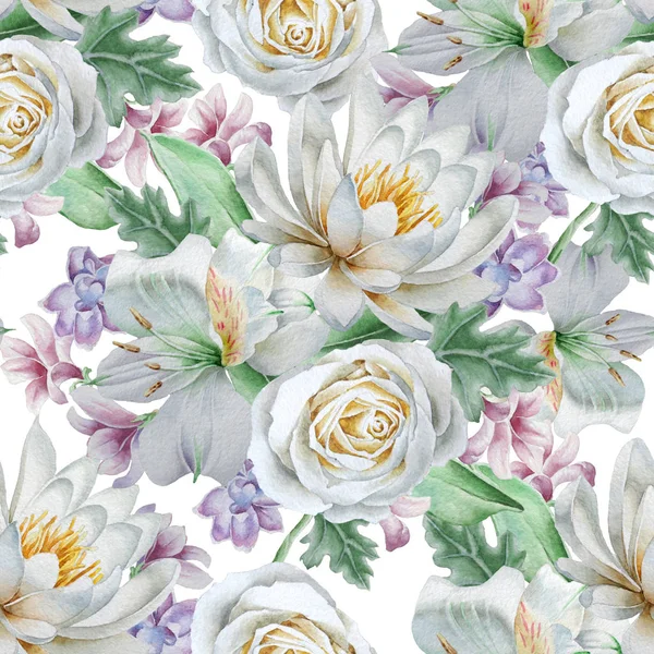 Seamless pattern with flowers. Rose. Lily. Alstroemeria, Watercolor illustration. — Stock Photo, Image