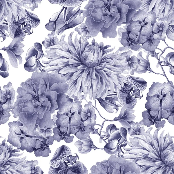 Seamless pattern with flowers. Dahlia. Marigold. Orchid. Watercolor illustration.