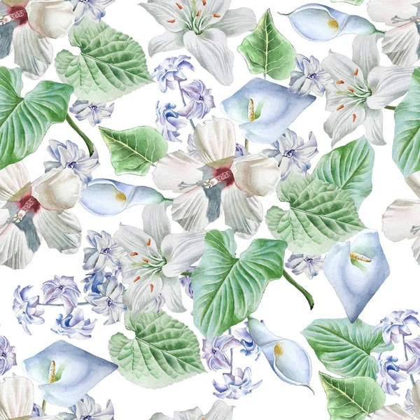 Seamless pattern with flowers. Lily. Calla. Hibiscus. Watercolor illustration. — Stock Photo, Image