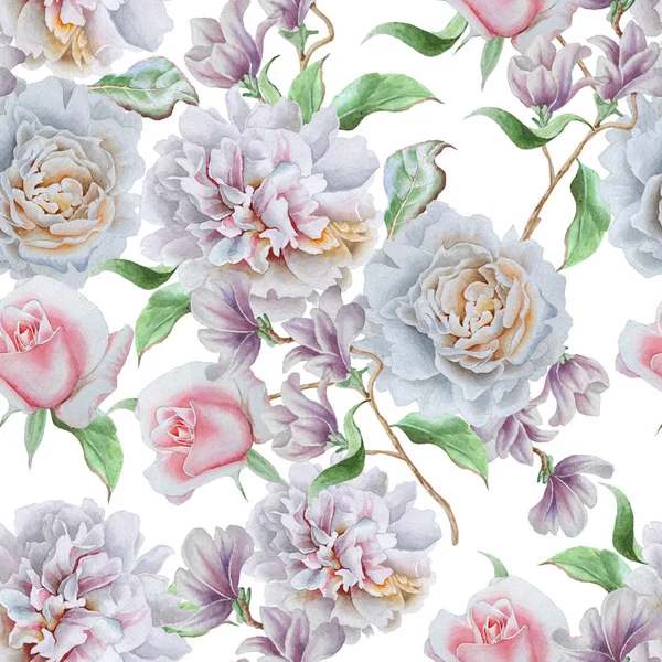 Çiçekler ile Seamless modeli. Rose. Şakayık. Suluboya resim.