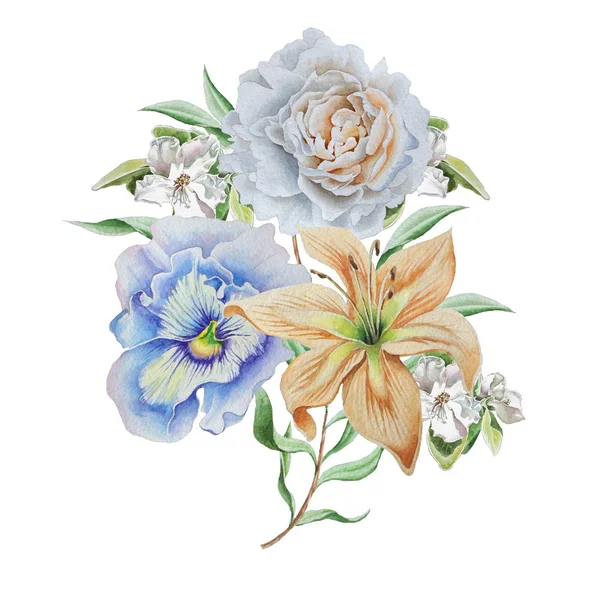 Suluboya buket çiçekli. Lily. Hercai Menekşe. Rose.