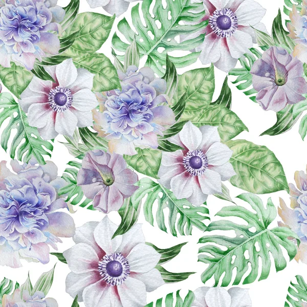 Seamless pattern with flowers. Anemone. Petunia. Peony. Watercolor illustration. — Stock Photo, Image