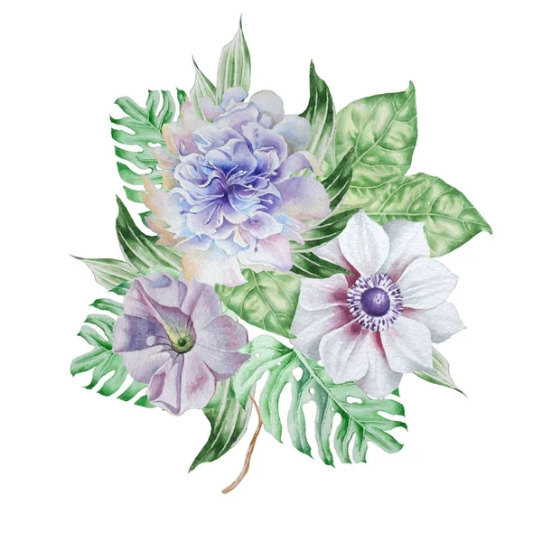 Bouquet acquerello con fiori. Anemone. Petunia. Peonia . — Foto Stock