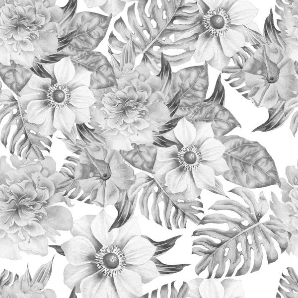 Monochrome seamless pattern with flowers. Anemone. Petunia. Peony. Watercolor illustration. — Stock Photo, Image