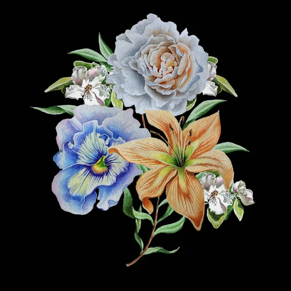 Buquê de aquarela com flores. Lily... Pansies. Rosa. . — Fotografia de Stock