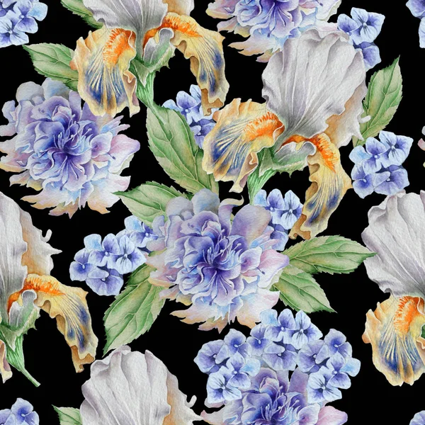 Modello senza cuciture con fiori. Iris. Peonia. Illustrazione ad acquerello . — Foto Stock