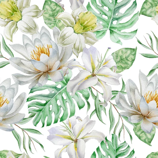 Çiçekler ile Seamless modeli. Nergis. Lily. Monstera. Suluboya resim.