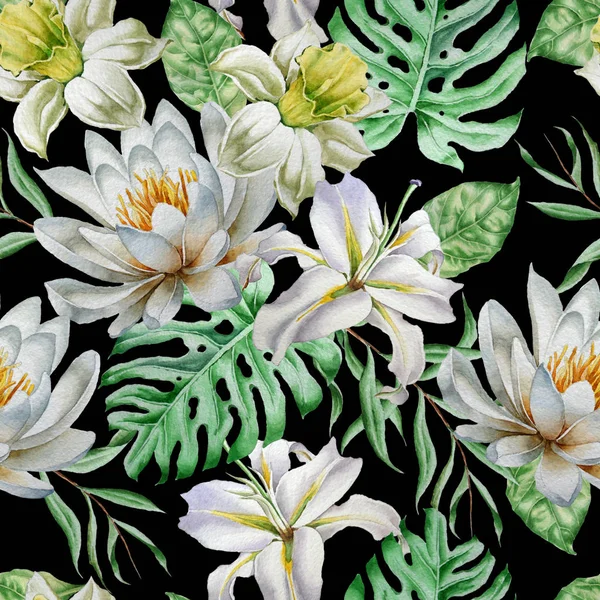Seamless pattern with flowers. Narcissus. Lily. Monstera. Watercolor illustration. — Stock Photo, Image