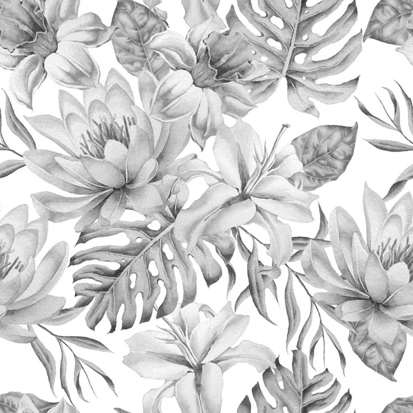 Tek renkli seamless modeli çiçekli. Nergis. Lily. Monstera. Suluboya resim.