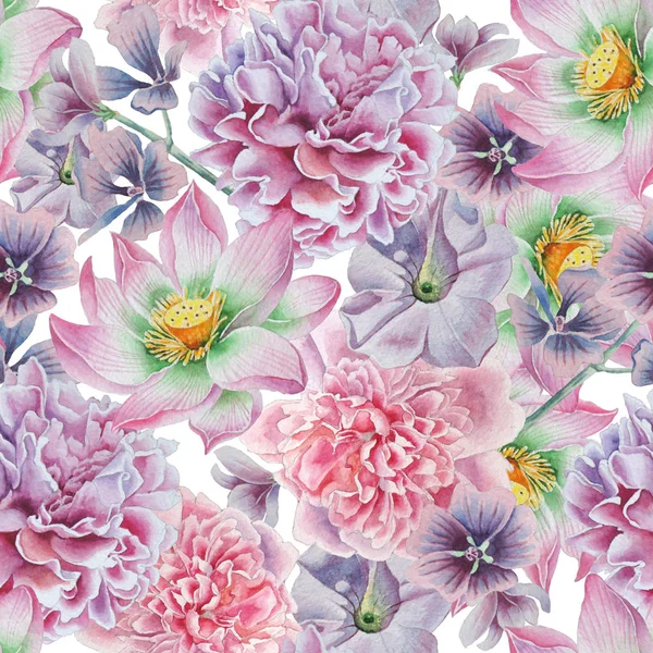 Seamless pattern with flowers. Peony. Lotus. Petunia. Watercolor illustration. — Stock Photo, Image