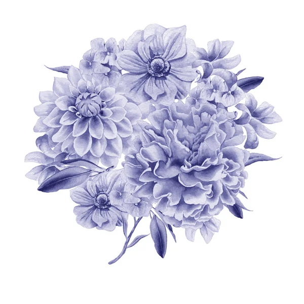 Aquarel boeket met bloemen. Dahlia. Anemone. Peony. — Stockfoto