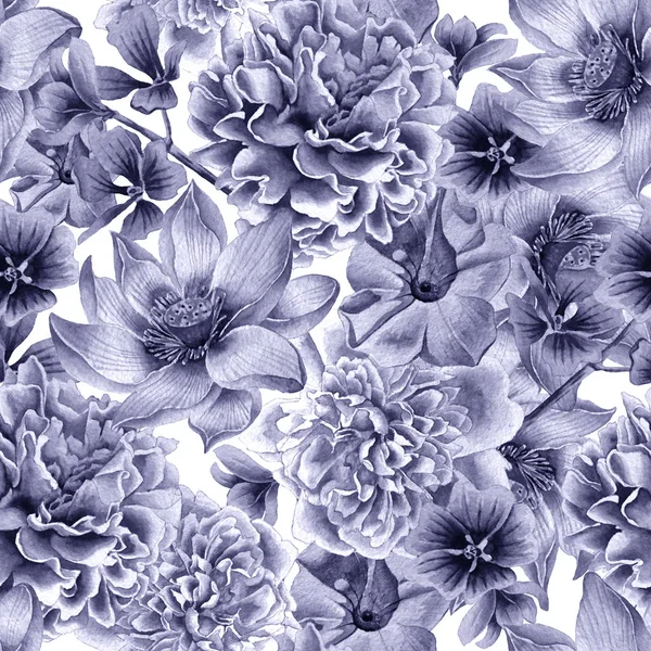 Seamless pattern with flowers. Peony. Lotus. Petunia. Watercolor illustration.