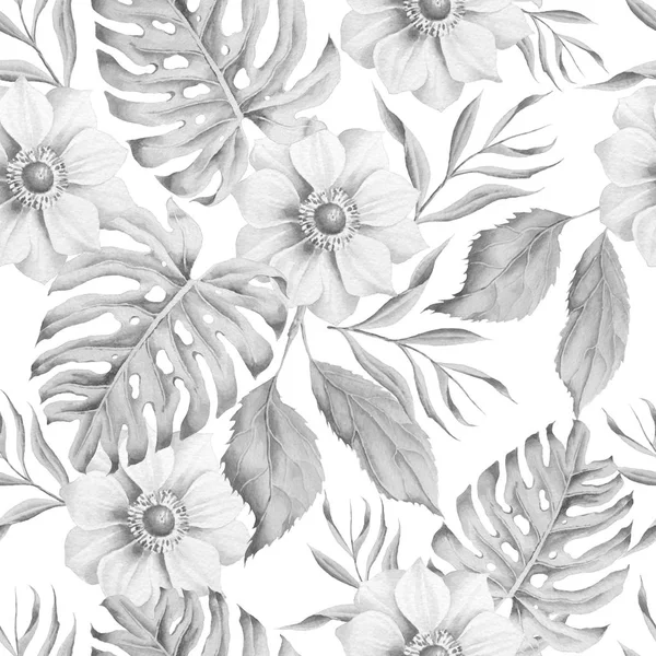 Monochrome seamless pattern with flowers. Monstera. Anemone. Watercolor illustration. — Stock Photo, Image