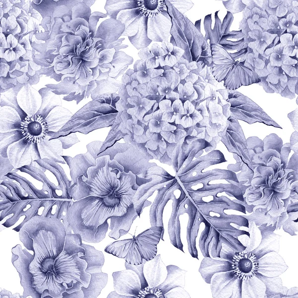 Seamless pattern with flowers. Monstera. Anemone. Pansies. Hudrangeya. Watercolor illustration.
