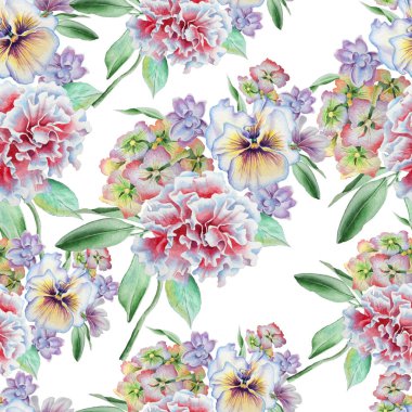 Çiçekler ile Seamless modeli. Hercai Menekşe. Karanfil. Ortanca. 