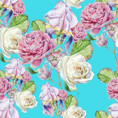 Çiçekler ile Seamless modeli. Iris. Rose. Sulu Boya illustrati
