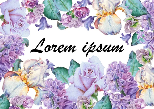 Προσκλητήριο με ακουαρέλα λουλούδια. Τριαντάφυλλο. Iris. Υάκινθος. — Φωτογραφία Αρχείου