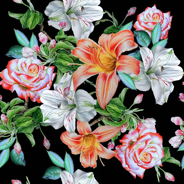 Seamless pattern with flowers. Rose. Lily. Alstroemeria.  Waterc — Stock Photo, Image