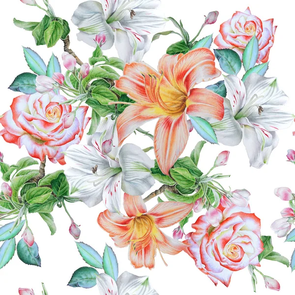 Seamless pattern with flowers. Rose. Lily. Alstroemeria.  Waterc — Stock Photo, Image