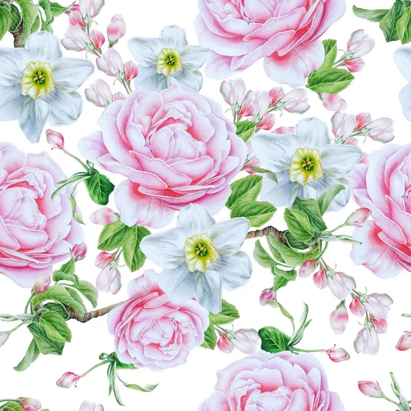 Çiçekler ile Seamless modeli. Rose. Nergis. Suluboya illus — Stok fotoğraf