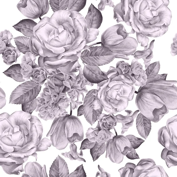 Çiçekler ile Seamless modeli. Rose. Sümbül. Lale. Suluboya — Stok fotoğraf