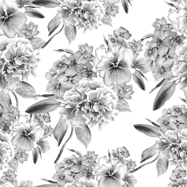 Seamless pattern with flowers. Pansies.  Carnation.  Hydrangea. — Stock Photo, Image