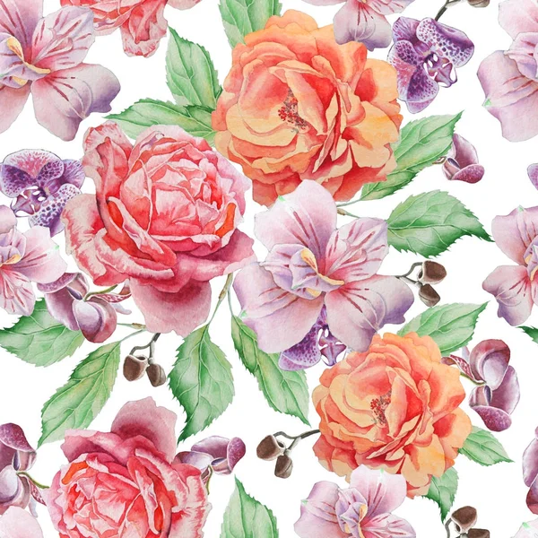 Modèle sans couture avec des fleurs. Rose ! Orchidée. Alstroemeria. Illustration aquarelle . — Photo