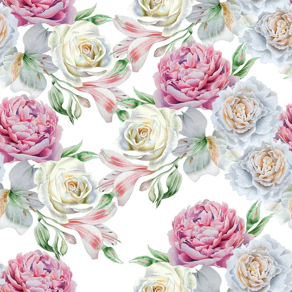 Seamless pattern with flowers. Alstroemeria. Rose. Lily. Waterco — Stock Photo, Image