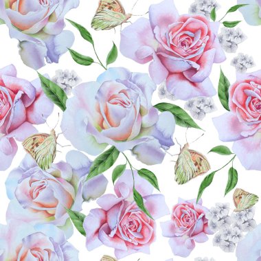 Gül ve kelebekler parlak seamless modeli. Suluboya ben