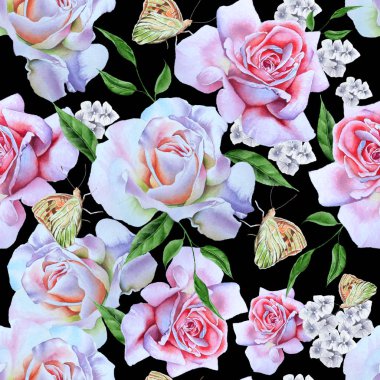 Gül ve kelebekler parlak seamless modeli. Suluboya ben