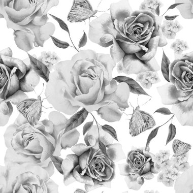  Dikişsiz desen gül ve kelebekler. Suluboya resim.