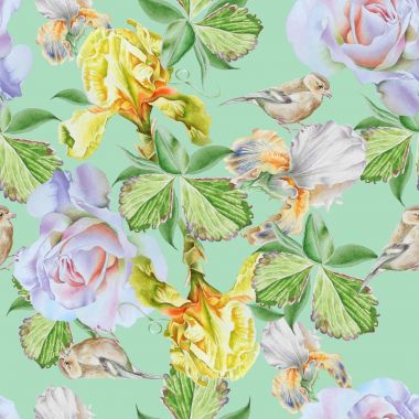 Çiçekli parlak seamless modeli. Iris. Rose. Kuş. Watercol