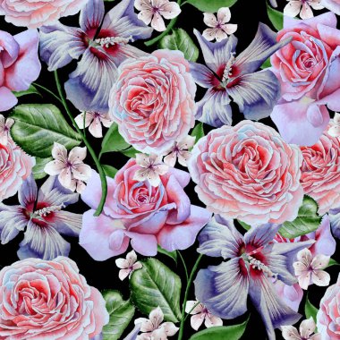 Çiçekli parlak seamless modeli. Rose. Hibiscus. Watercolo