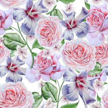 Çiçekli parlak seamless modeli. Rose. Hibiscus. Watercolo