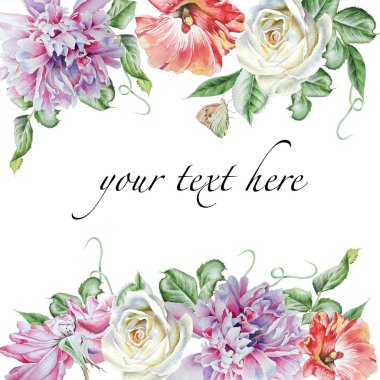 Suluboya çiçekli davetiye. Rose. Şakayık. Elle çizilmiş