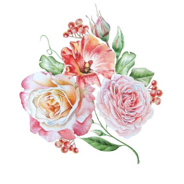 Suluboya buket çiçekli. Petunya. Rose. Rowan. Watercolo