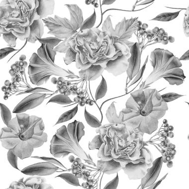 Tek renkli seamless modeli çiçekli. Petunya. Rose. Rowan. 